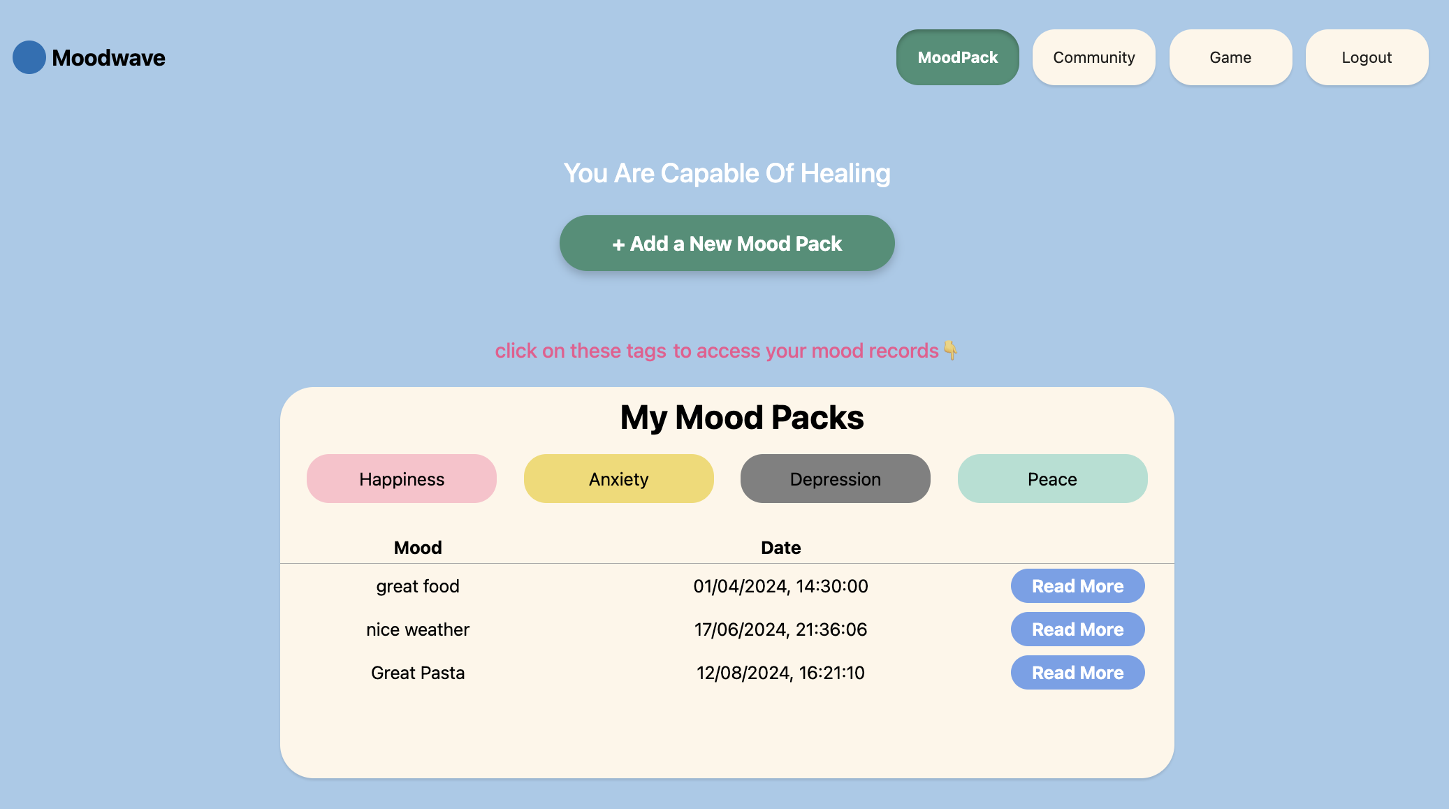 MoodPack dashboard